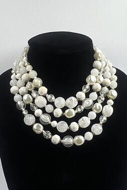 Vintage 4 Strand W Germany White Baroque Beads Acrylic Crystals Costume Necklace